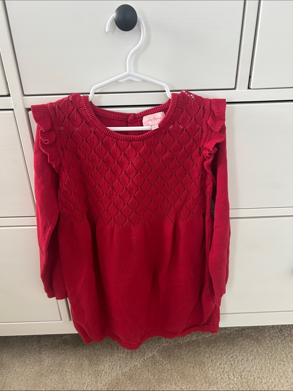 Lucky Penny Red Knit Ruffle-Shoulder Sweater Dress for Girls